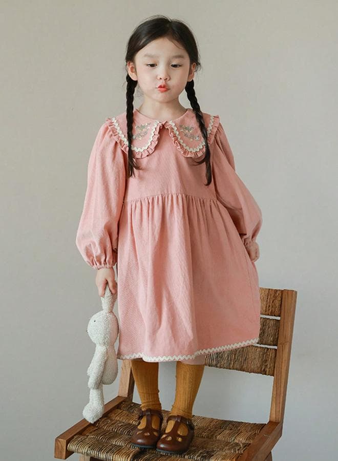 Girls Pink Embroidered Collar Long Sleeve Dress