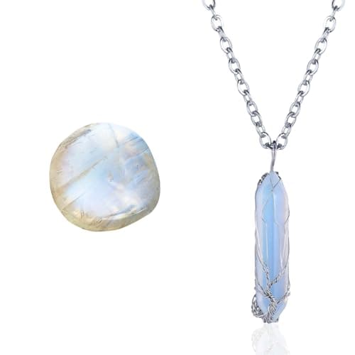Halukakah Moonstone Necklace - LUNARLOVE - Handmade Platinum Plated Winding Tree of Life Wire, Natural Crystal Hexagonal Shape Pendant and 20" Chain, Gift for Her