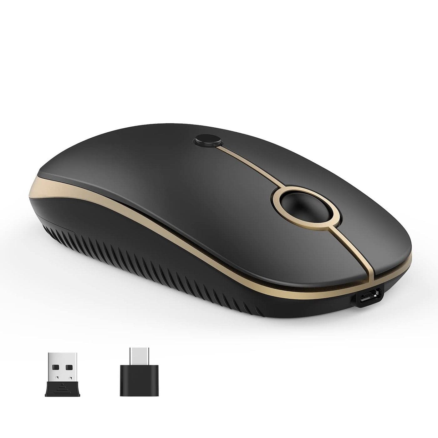 VssoPlor Type C Wireless Mouse USB C Rechargeable Portable Quiet Mouse USB and Type C Receiver Dual Mode Laptop Mouse for PC, Laptop, MacBook, Tablet-Black Gold