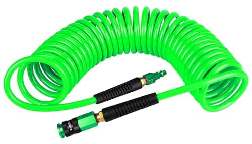 EADUTY Heavy Duty Polyurethane Recoil Air Hose 1/4 in x 25 ft, Lightweight, Flexible Compressor Hose with Universal Quick Coupler, Plug and Bend Restrictors, Green