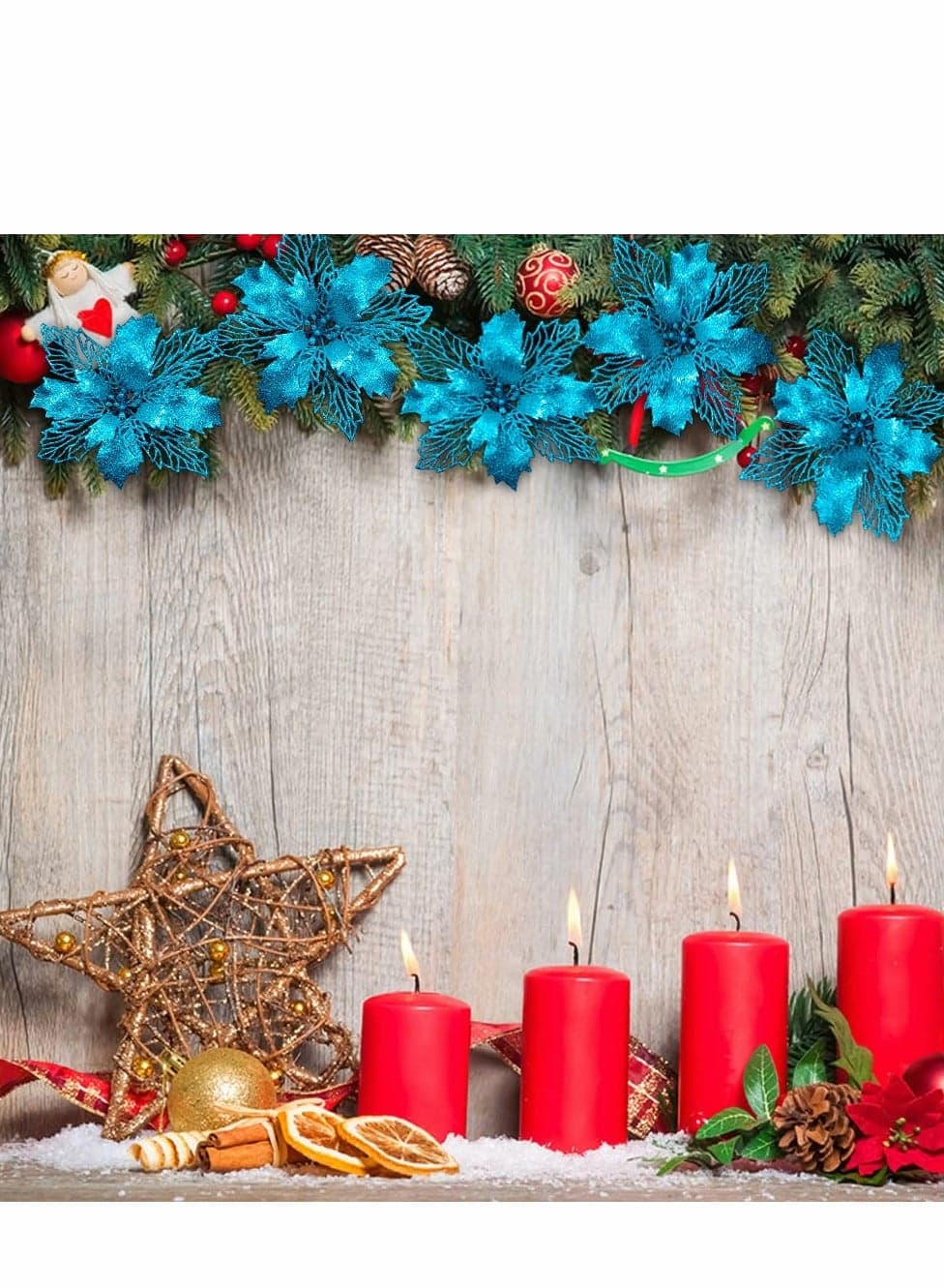 Blue Poinsettia Artificial Flowers with Clips 12 Pcs 16cm Glitter Tree Ornaments for Wreath Wedding New Year Decorations