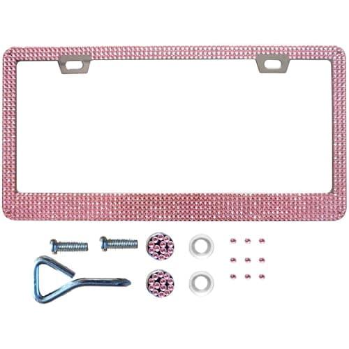 Yiaizhuo Pink Bling License Plate Frame for Women Sparkly Rhinestone Handcrafted Crystal Premium Stainless Steel Stainless Steel Car Accessories with Diamond Sparkle Glitter Caps