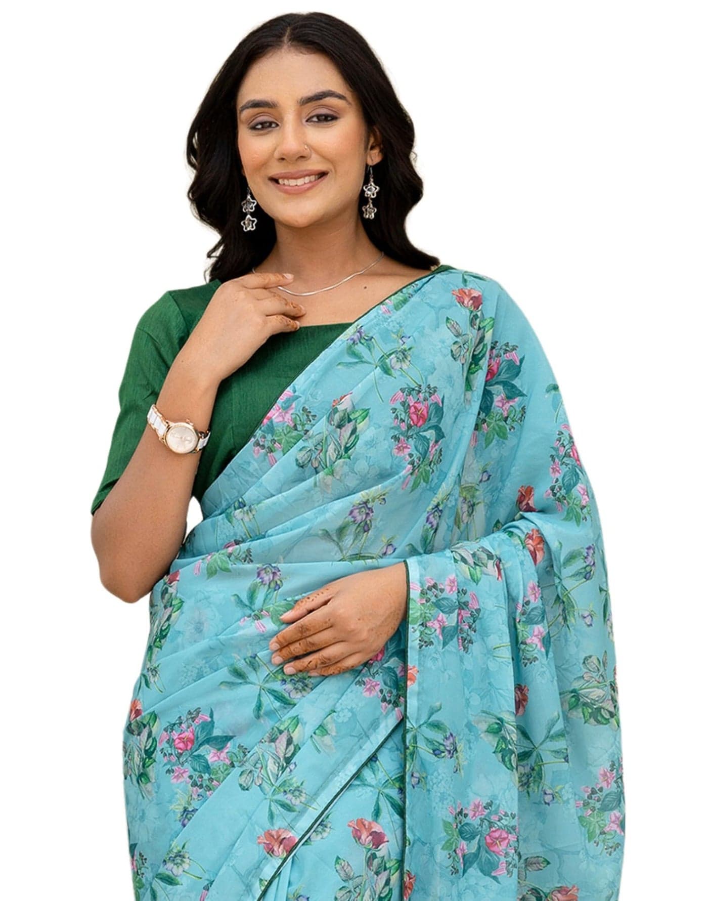 SIRIL Women's Georgette Floral Printed One Minute Ready To Wear Saree with Unstitched Blouse Piece (60RS101_Light Blue)