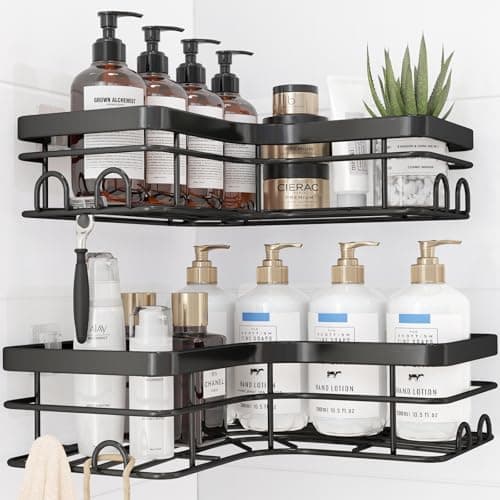Sakugi Corner Shower Caddy - 2 Pack, Adhesive Shower Organizers, Rustproof Stainless Steel Shower Shelves with 8 Hooks, No Drilling Bathroom Organizers and Storage Racks, Space-Saving, Black, X-Large