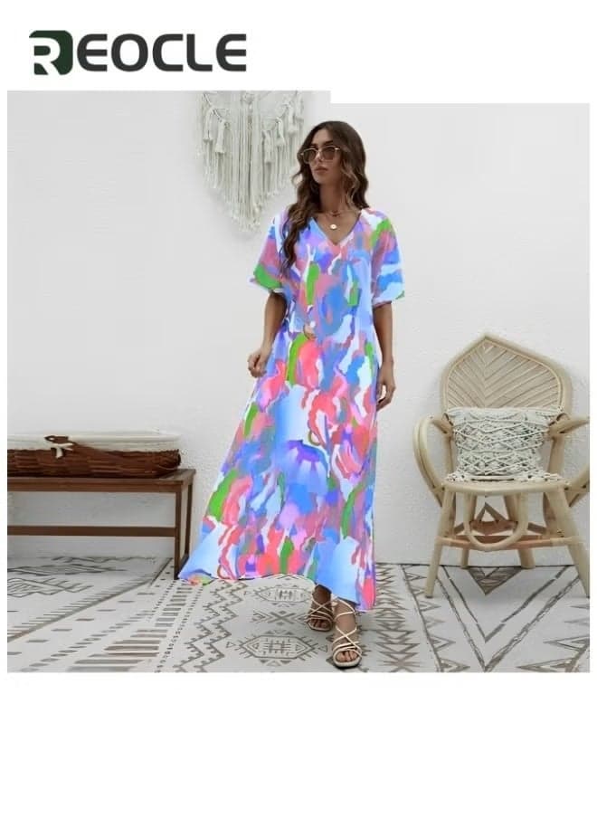 Women's Maxi Dress with Elegant Print Casual Half Sleeves Dresses V-neck Large Skirt Dress Summer Plus Size Beachwear Long Dress