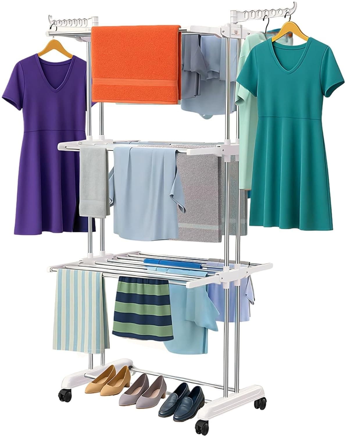H Houseware Foldable Stainless Steel Cloth Drying Stand 3 Tier Heavy-Duty Clothes Dryer with Wheels & Hanger Slots | Rust-Proof Laundry Rack for Balcony, Indoor & Outdoor Use(White)