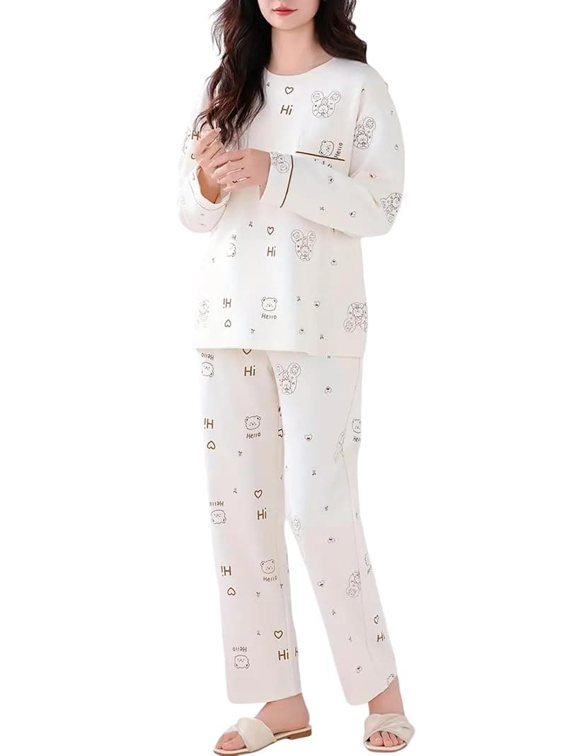 Celary Korean Style Women’s Night Suit|| Cute Printed Pajama Set with Long Sleeve Top & Pants|| Soft Cotton Loungewear || Cotton Blend Night Dress
