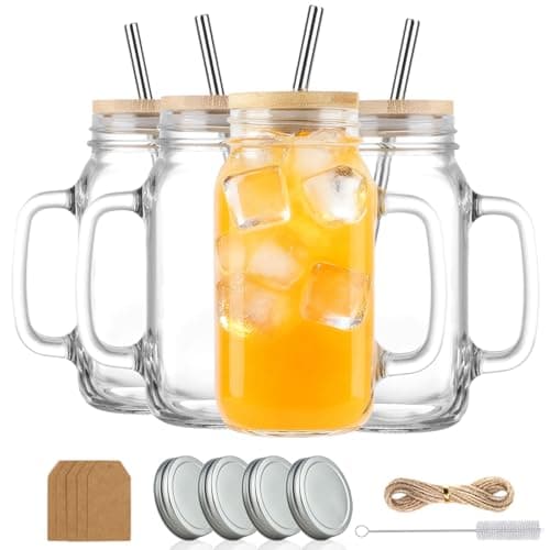 LOSANJI 24 oz Mason Jar Cups with Handles, Wide Mouth Iced Coffee Cup with Bamboo Lids & Straws, Large Glass Bottle Mug Drinking Jars Tumbler for Smoothie Cold Water Juice Party Beverages, Set of 4