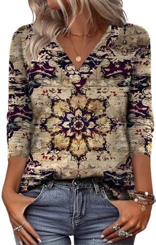 Zeagoo Womens Tee Shirts Loose Tops Long Sleeve Tops V Neck Shirts Floral Blouses Dressy Casual