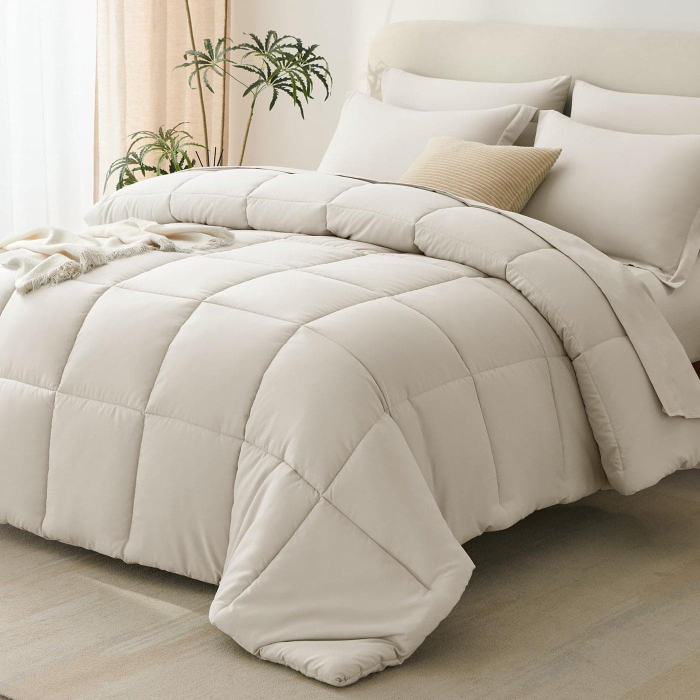 CozyLux King Size Comforter Set Beige 7 Pieces Bed in a Bag King OkeoTex Certifited Bedding Set All Season Soft Bed Set with Down Alternative Comforter Sheets Pillowcases Pillow Shams