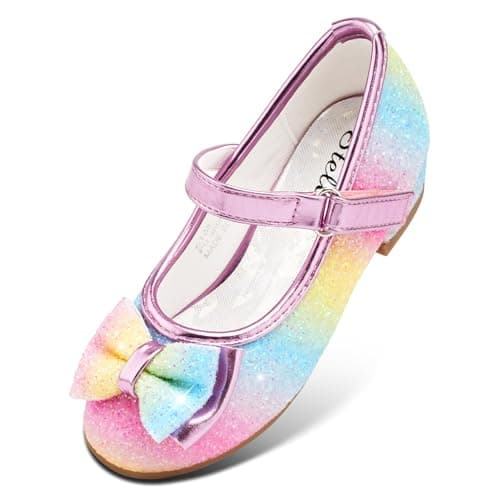 Stelle Girls Dress Shoes Glitter Princess Shoe Flower Mary Jane Low Heels Party Wedding Prom Footwear for Toddler Kids(T08-Rainbow, 9MT)