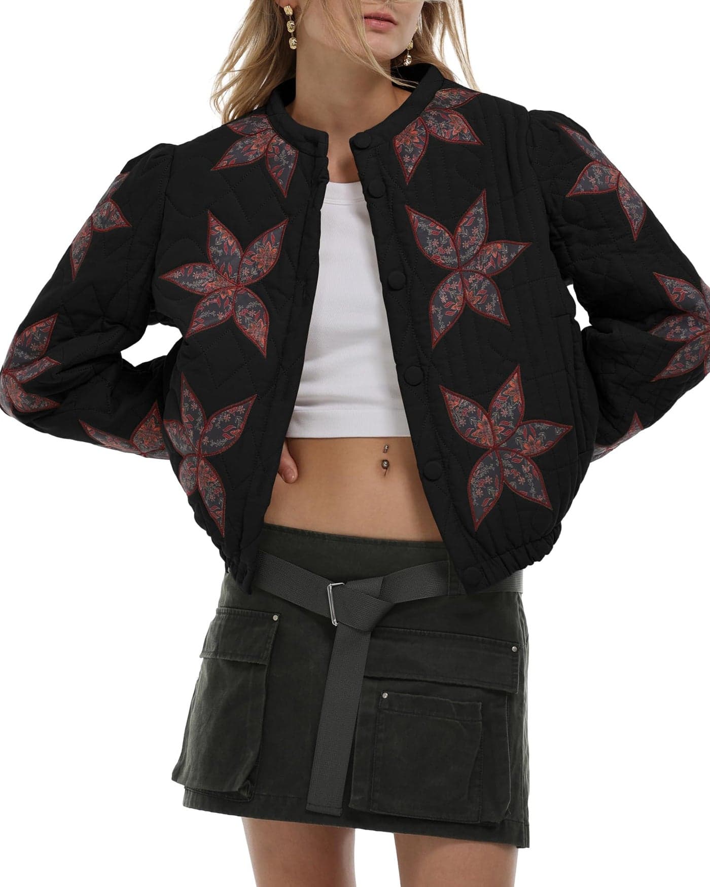 Gacaky Womens Lightweight Floral Embroidered Cropped Quilted Jacket Winter Warm Button Down Puffer Jacket Coat with Pockets Black S