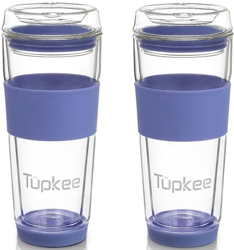 Tupkee Double Wall All Glass Tumbler 14Ounce Reusable Insulated TeaCoffee Mug Lid Hand Blown Glass Travel Mug Jacaranda 2 Pack