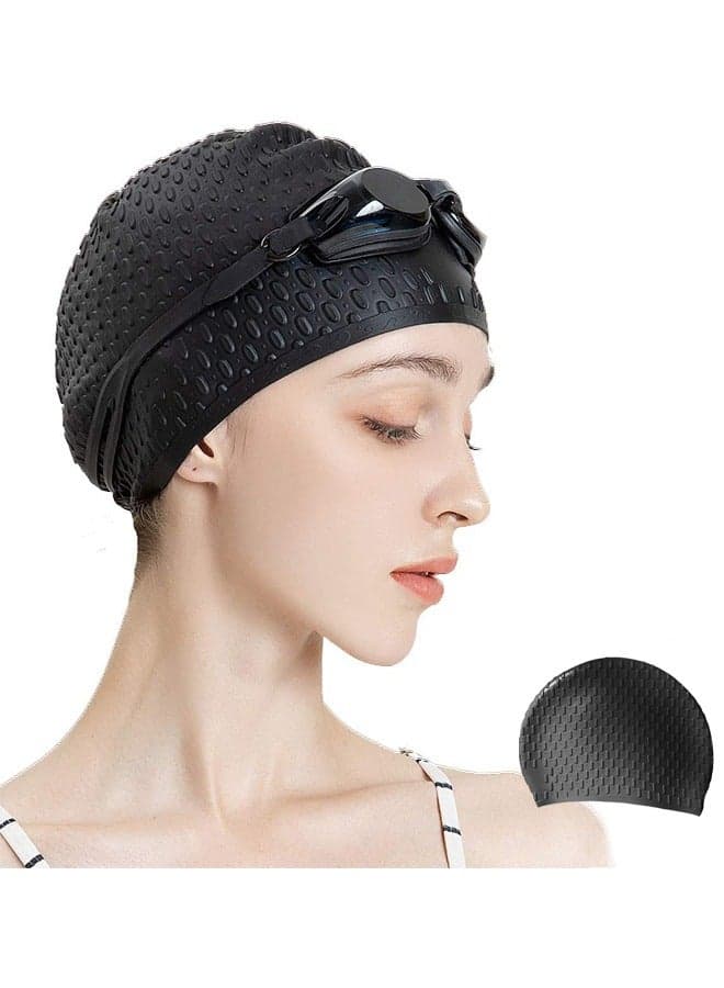 Swimming Cap for Women and Men, Ergonomic Design Durable, Silicone Swim Cap-Comfortable Bathing Cap Ideal for Curly Short Medium Long Hair Black