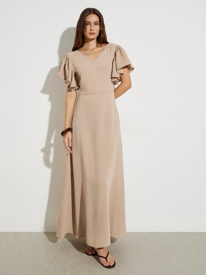 Styli Beige Textured Maxi Dress with Frill Sleeves