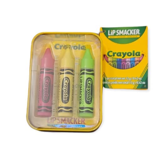Lip Smacker Crayola Crayon 3Piece Lip Balm Tin Moisturizing Soothing Razzmatzz Banana Mania Granny Smith Apple