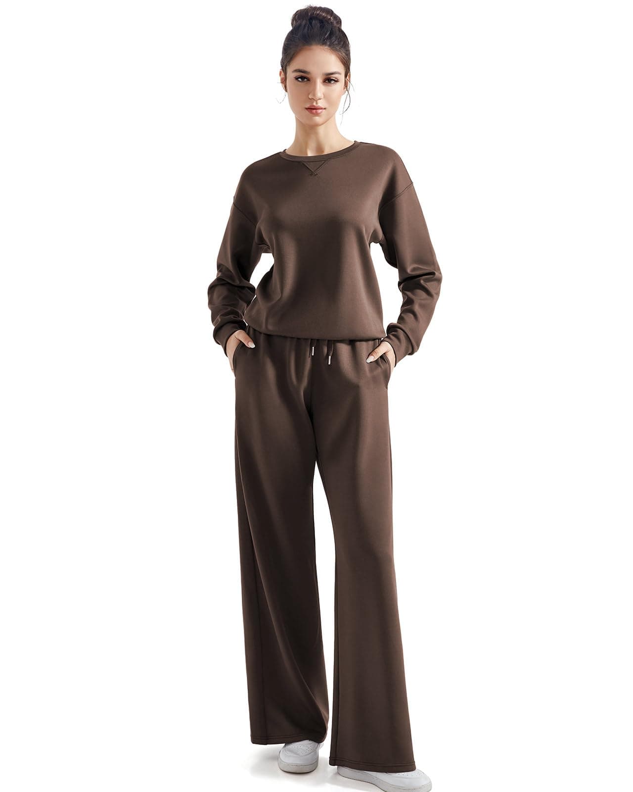 SUUKSESS Women Modal 2 piece outfits Oversized Sweatshirt Fall Lounge Set Wide Leg Pants Matching Sets (Brown,M)