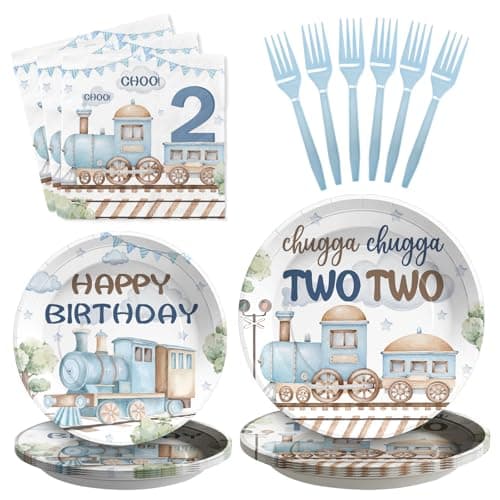Grencian 96Pcs Chugga Chugga Two Two Birthday Party Decorations Watercolor Train 2nd Paper Plates Retro Blue Disposable Choo Choo I'm 2 Tableware Set for 2 Year Old Birthday Party Supplies, Serves 24