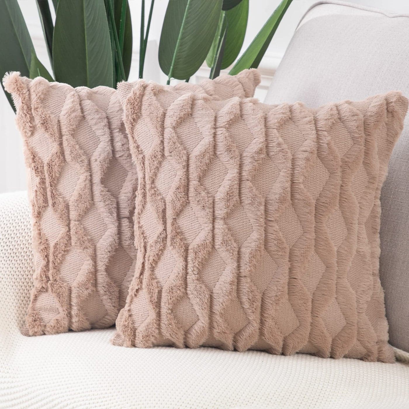 MADIZZ Set of 2 Soft Plush Short Wool Velvet Decorative Throw Pillow Covers 18x18 inch Light Brown Square Luxury Style Cushion Cases Pillow Shell for Sofa Bedroom
