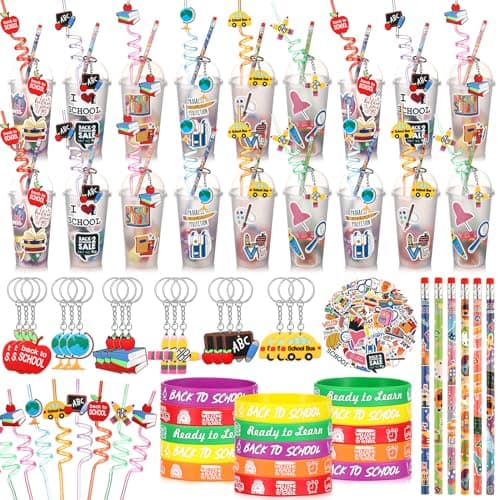 Seenelling 24 Set Back to School Gifts for Students First Day of School Party Favors Gift Cups Filler Keychain Pencil Straw Sticker Silicone Bracelet for Goodie Bag Fillers Party Favors Gifts