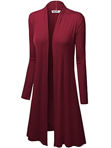 LL WSK1048 Women's Solid Casual Long Sleeve Open Front Long Cardigan L Wine