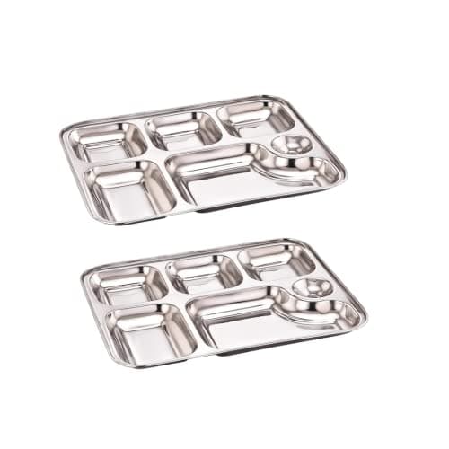 GALOOF Stainless Steel 6 in 1 Pav Bhaji Plate Set | 6 Compartment Section Mess Tray | 6 Section Rectangle Bhojan Thali for Lunch and Dinner (Pack of 2)