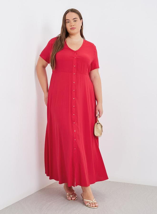 Plus Red Maxi Dress with Button Closure