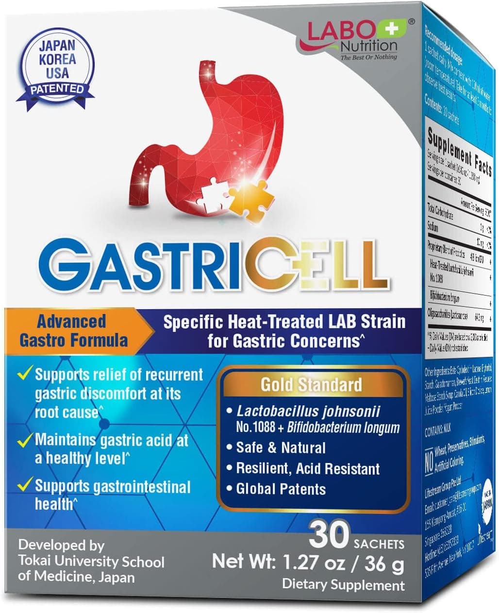 LABO Nutrition GASTRICELL - Addresses H. Pylori, Acid Reflux, Heartburn - Natural Defence Against Gastric Distress, 30 Sachets
