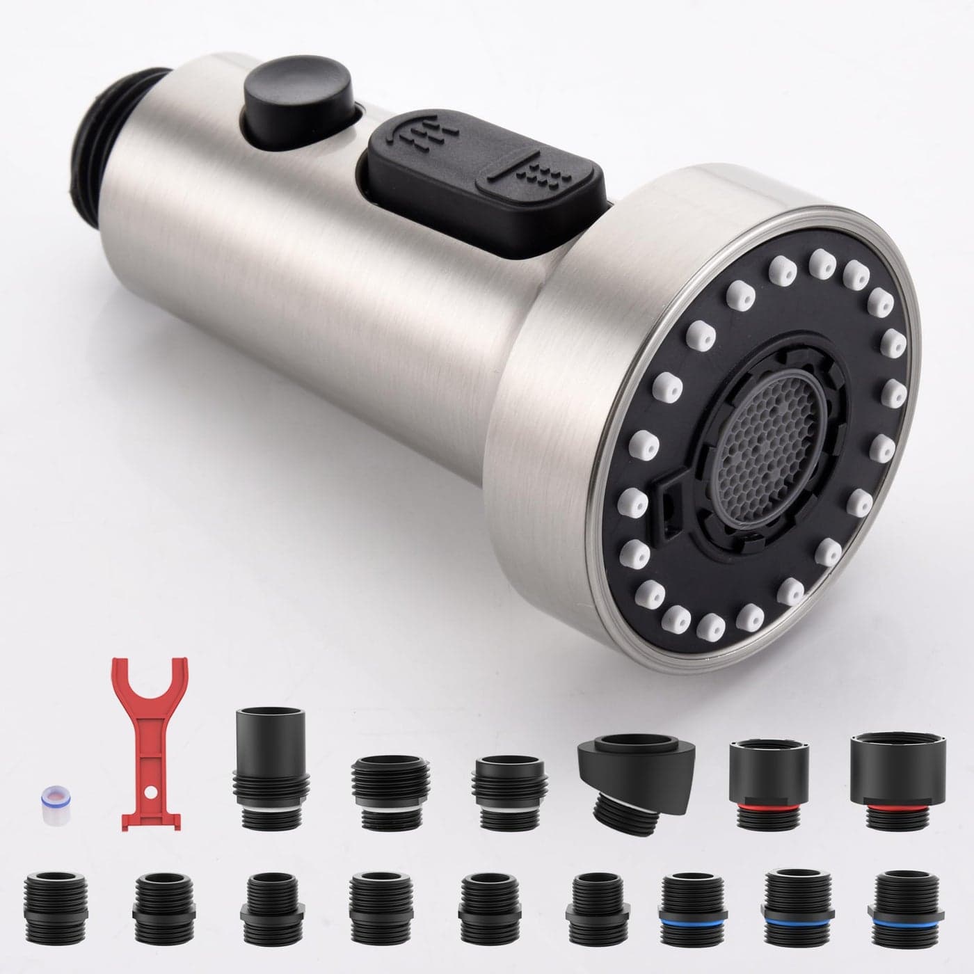 【UPDATED】J-HVA Pull Down Kitchen Faucet Sprayer Head Replacement Part, 3 Function Pull Out Sink Sprayer Replacement Nozzle with 15 Adapters, Kitchen Faucet Head Hose Spray Tap Spout, Brushed Nickel