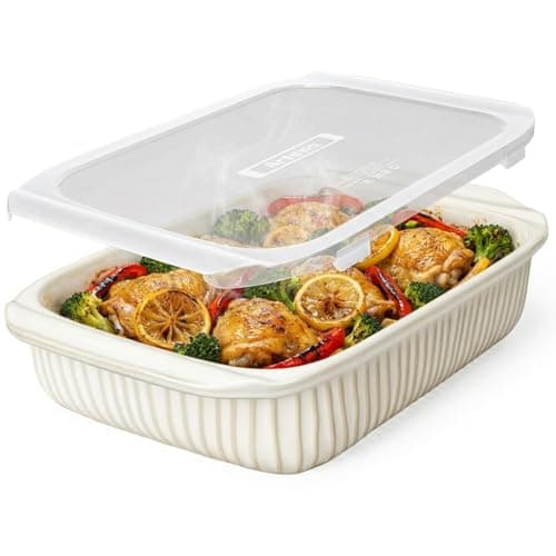 Artena Baking Dish 5.1 Quarts, Casserole Dishes For Oven, Baking Pan With Handles, Lasagna Pan Deep, Large Casserole Dish, Rectangular White Ceramic Bakeware (Baking Dish With Lids)