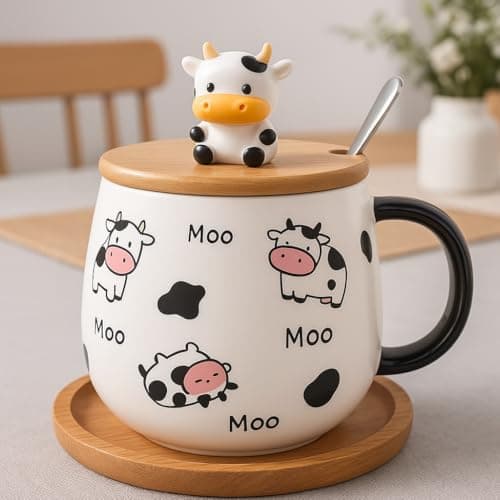 BonZeal Moo Cow Ceramic Mug with Lid & Spoon, 400ml Milk Cup for Kids, Girls, Boys, Birthday Return Gift, Animal Lover Tea Cup, Coffee Mug
