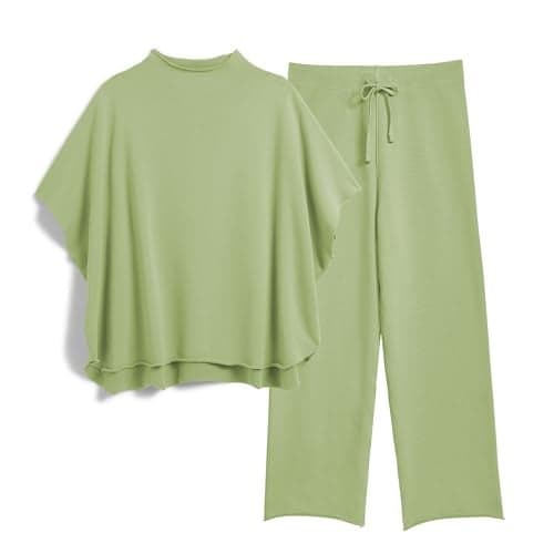 SeeLuNa Women's Two Piece Outfits 3/4 Batwing Sleeve Capelet Crew Neck Pullover Top Wide Leg Pants Lounge Set(Light-Green,S)