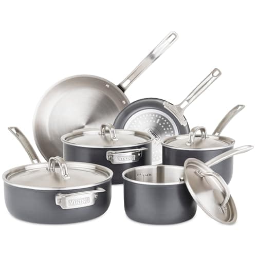 Viking 5-Ply Pots and Pans Set, 10 Piece Hard Anodized Cookware, Stainless Steel Lids, Silver