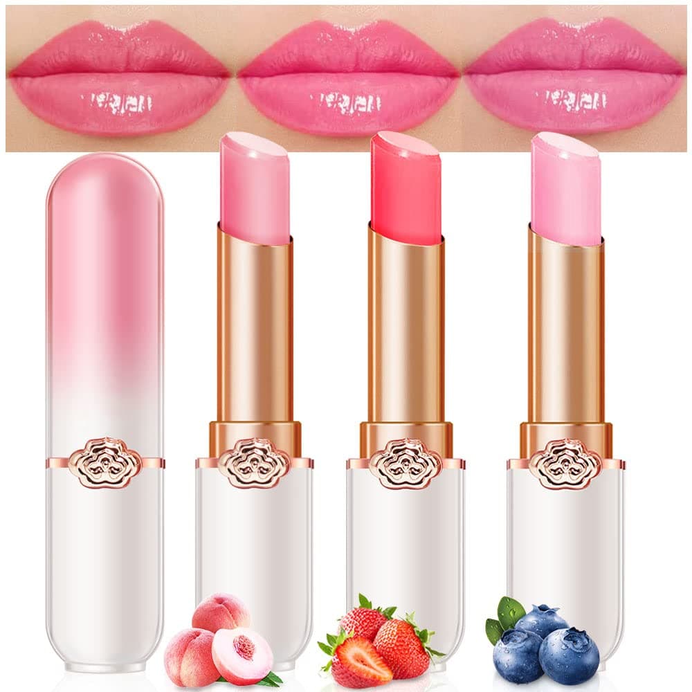 BINGBRUSH Peach Color Changing LipstickMoisturizer Long Lasting Lip Care Lip Balm Magic Lip Gloss Lip Tint Stain Gloss Set for Women 3 pcs Peach Strawberry Blueberry Lipstick