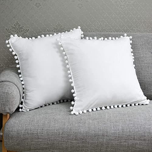 CottonFry Set of 2 Cushion Covers/Throw Pillow Covers Size 20"X20" Inches with Pom Poms, Soft Square Velvet Pillowcases Home Decor (White, Pack of 2)