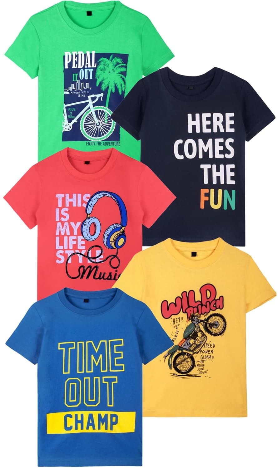T2F Boy's Cotton Printed Regular Fit T-Shirt(Pack of 5)