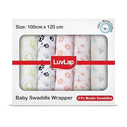 LuvLap 100% Cotton Muslin Baby Swaddle Set, Baby Towel, Size-120cm x 100cm (47"x39"), Animals & Floral Printed on White, 0-18 Month+, Printed Mulmal Muslin Swaddle Wrap for New Born, Pack of 5