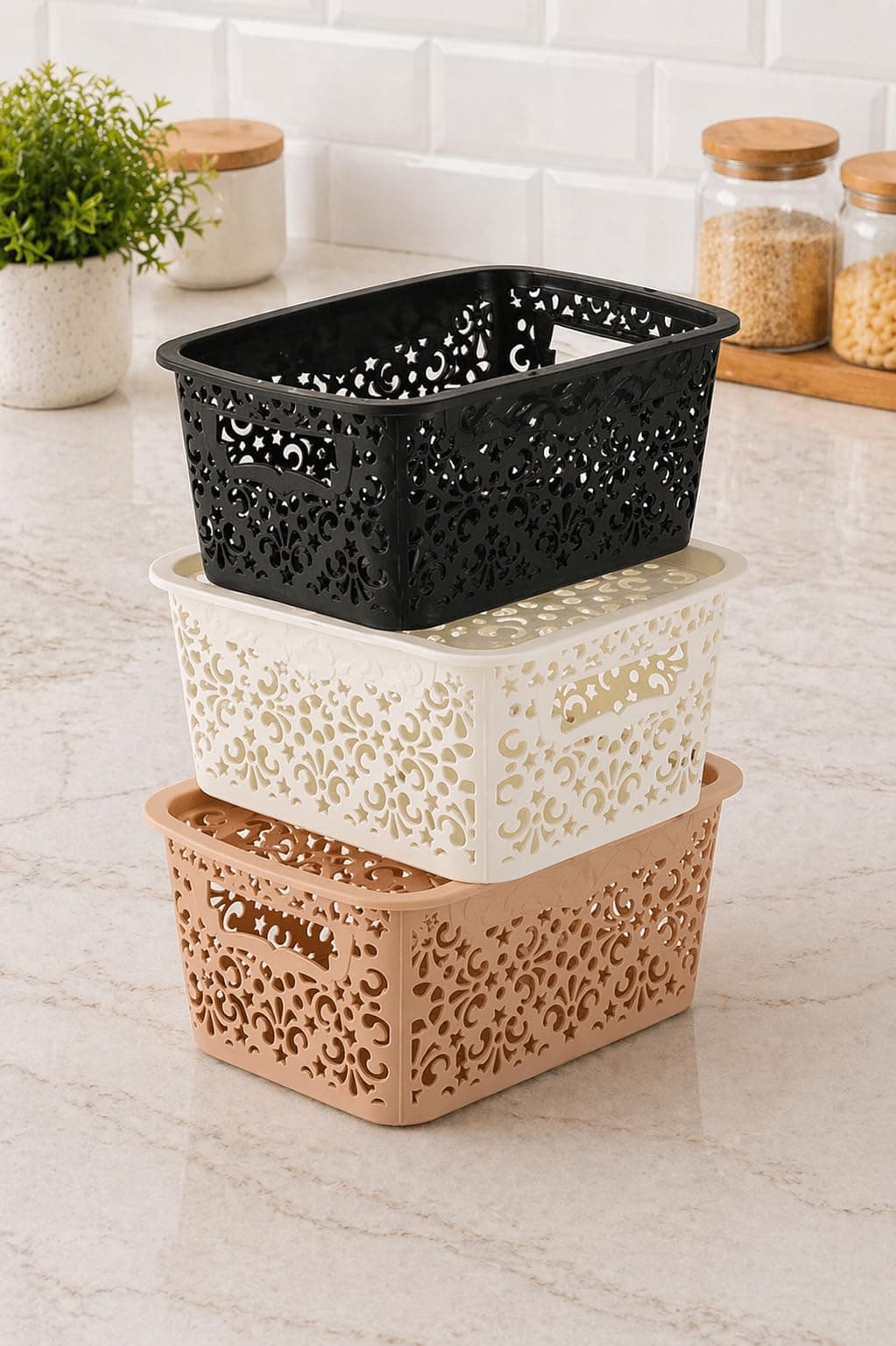 Cutting EDGE Plastic Storage Turkish Baskets without Lid Set of 3 Storing Fruit Vegetable Toys, Kitchen Bathroom Stationary Tools (Brown, Beige, White, Small)