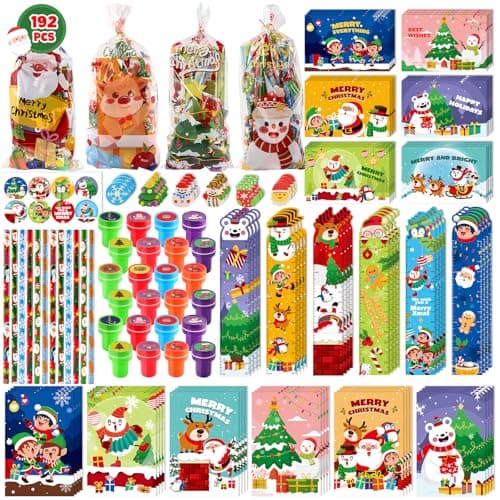 Shemira 192PCS Christmas Classroom Gifts for Students School Stationery Set Christmas Party Favors Assorted Goodie Bag Stocking Stuffers Xmas Gifts Toys Reward Prizes for Kids