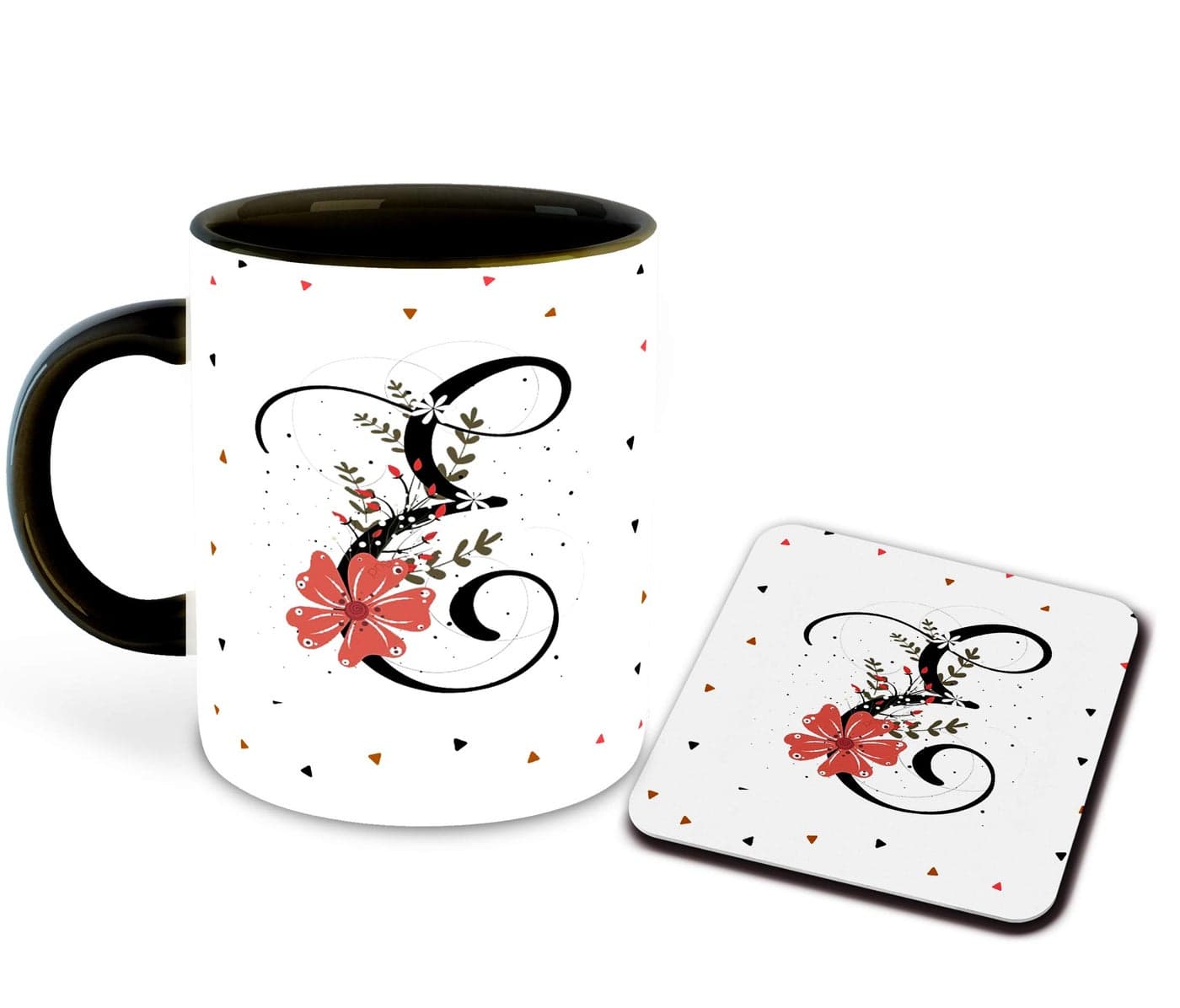 DecorVecor - Letter E Name Initial Alphabet Inspiration Printed Black Inner Ceramic Coffee Mug with Coaster- Birthday | Anniversary | Best Gift | Hobby (Multi 5)