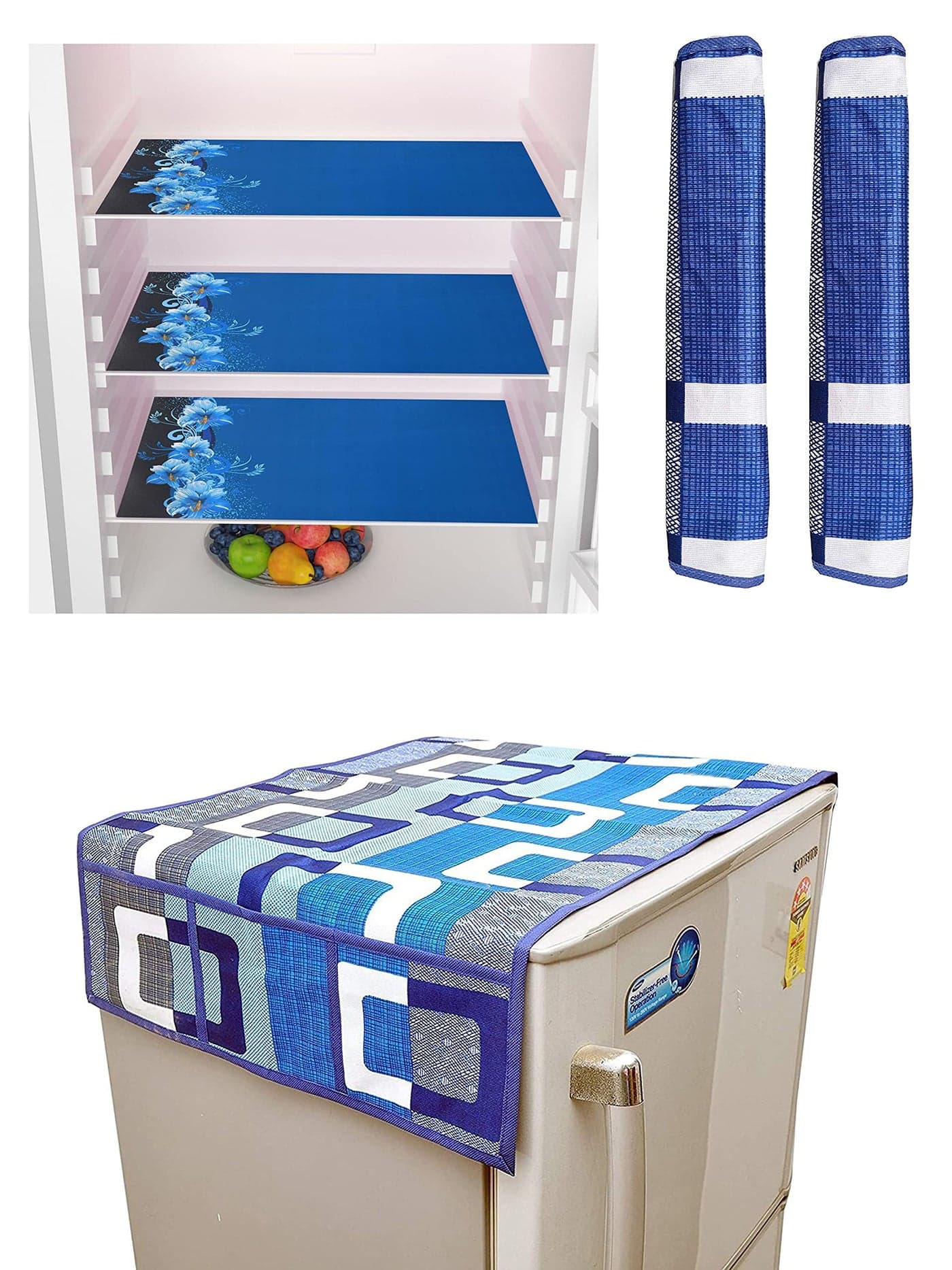 Yellow Weaves Combo of Fridge Cover for Top, 2 Fridge Handle Covers + 3 Fridge Mats (Blue, 6 Piece set)