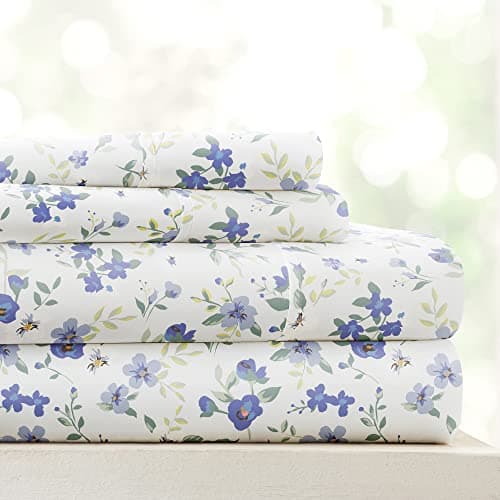 Linen Market 4 Piece King Sheet Set - Breathable, Double-Brushed Patterned Cooling Sheets – Oeko-TEX Certified Ultra Soft & Wrinkle-Free 16" Deep-Pocket King Sheets - Easy Care Blossoms Light Blue