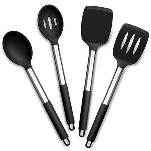 Joyfair Kitchen Utensils Set 4 Pcs Silicone Cooking Utensils Set Non Stick Spatula Turner Spoon Cookware Ideal for Cooking Mixing Serving Frying Stirring Heat Resistant Dishwasher Safe Black