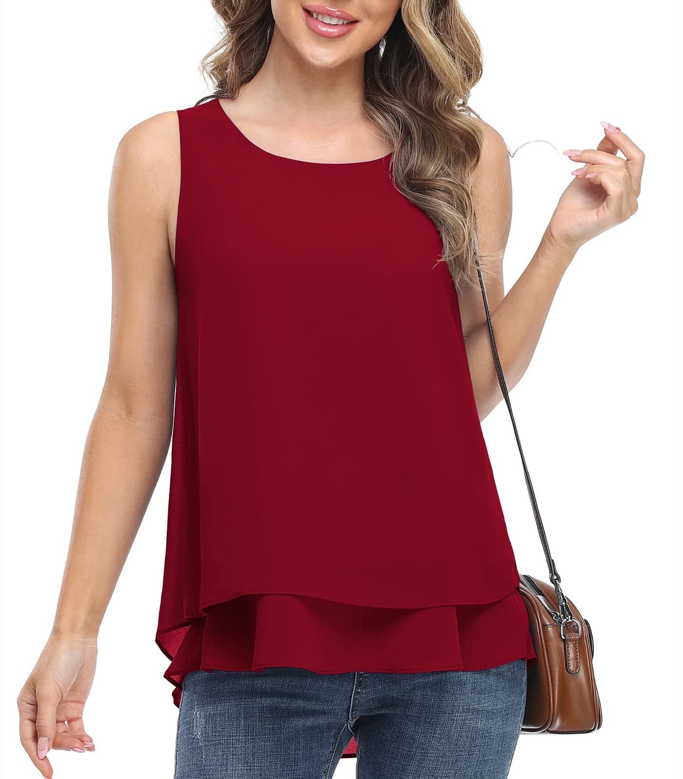 Jouica Women's Flowy Chiffon Tanks for Summer Loose Casual Sleeveless Summer Tank Tops Blouses,Wine Red,XX-Large