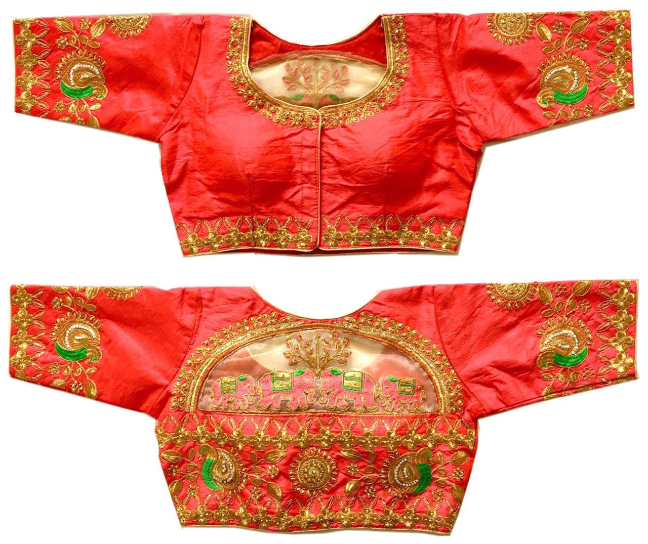 Pujia Mills Women's Phantom Silk Elephant Half Sleeve Saree Blouse (Gajari, 38)