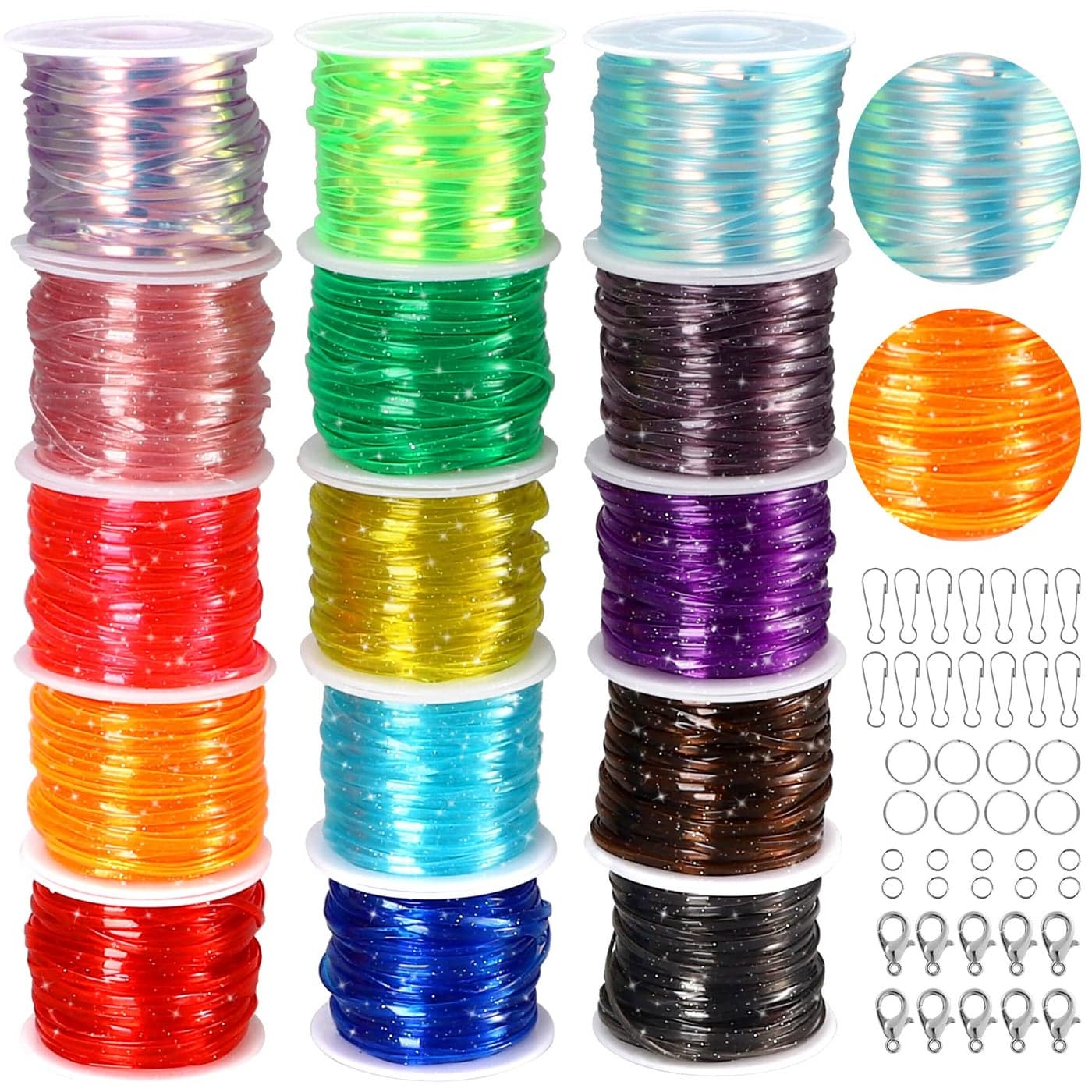 KAMJUNTAR Craft Kit 15 Rolls Glitter Laser Lanyard String for Friendship Bracelets Jewelry Making Keychain DIY Crafts