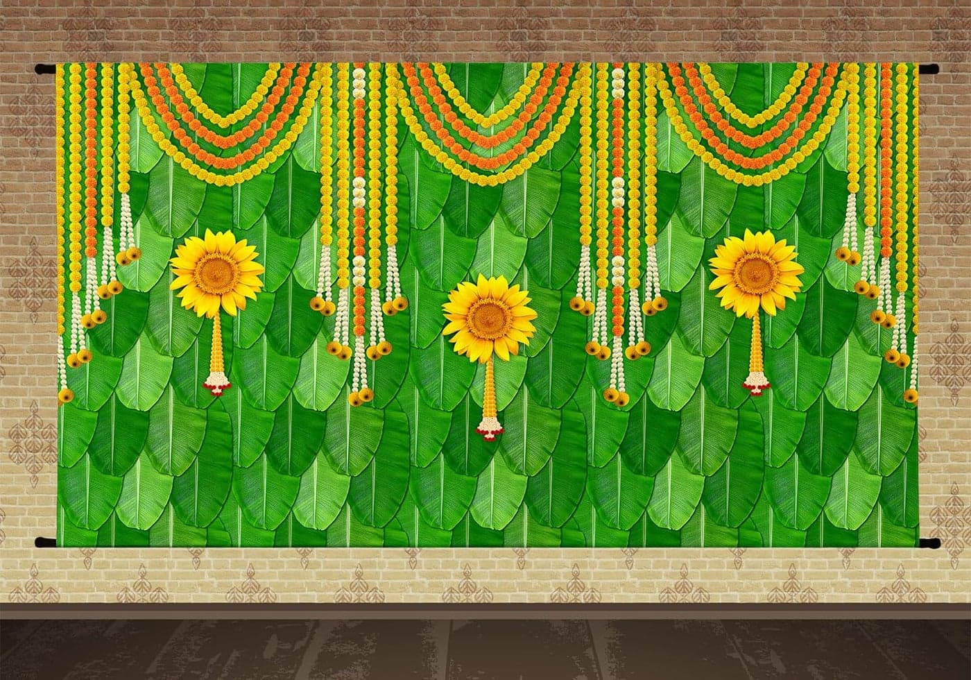 Sukalpa Banana Leaf with Marigold Flower Decoration Backdrop Cloth for Pooja Decoration Background Curtain Cloth for PoojaFestival FabricPolyster Taiwan Fabric Size 5 Height and 8 Width5 8