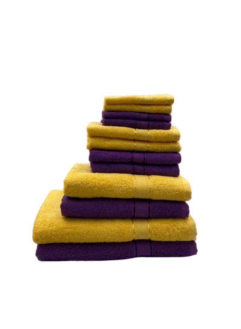Daffodil(Purple & Yellow) Cotton Premium Bath Linen Set (4 Face, 4 Hand, 2 Adult Bath, 2 Kids Bath Towel, 2 Adult Bathrobe & 2, 8yr Kids Bathrobe) Family