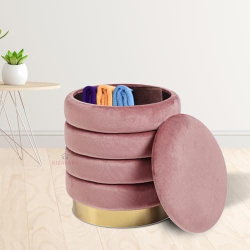 RIBAVARY Velvet Luxurious Round Ottoman Storage Box Dutch Velvet Pouffe Footstool, Footrest Vanity Stool with Lids for Bedroom Living Room Balcony Snack (Small Storage Standard Size, Pink1)