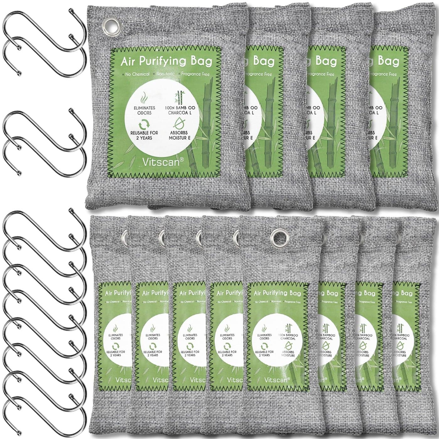 12 Pack Bamboo Charcoal Air Purifying Bag, Activated Charcoal Bags Odor Absorber, Moisture Absorber, Natural Car Air Freshener, Shoe Deodorizer, Odor Eliminators For Home, Pet, Closet (8x50g, 4x200g)
